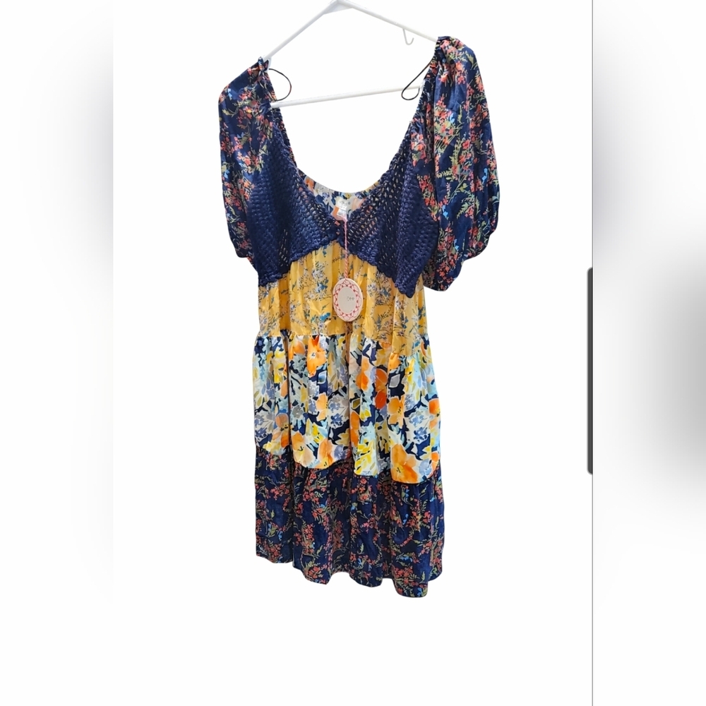 Umgee patchwork floral print tiered dress Tunic Smocked Crochet Large